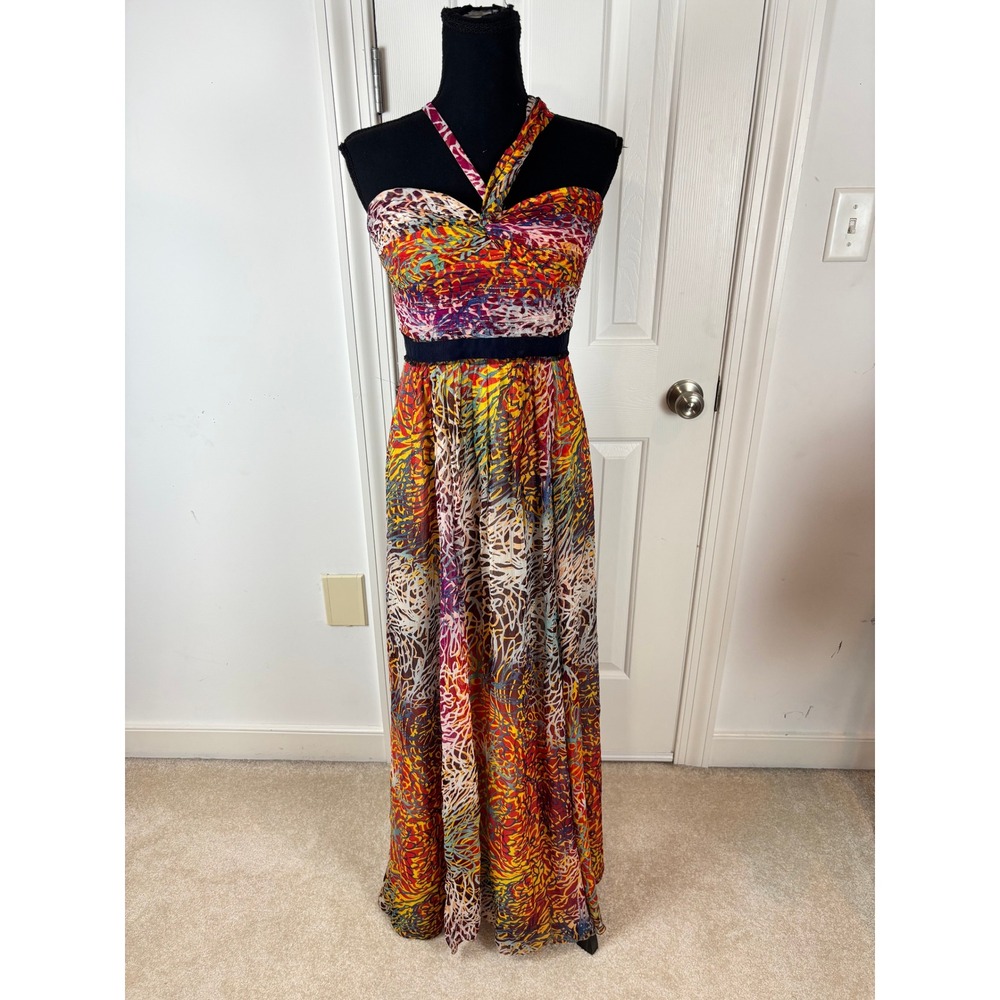 BCBGMAXAZRIA Inga Begonia Silk Maxi Dress One Shoulder Multi Color Metallic 6
